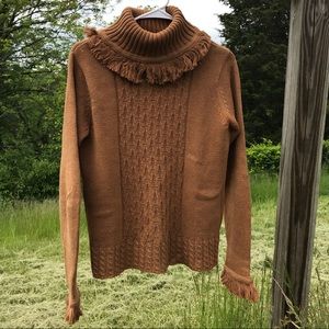 Vintage brown fringe cable cowl sweater